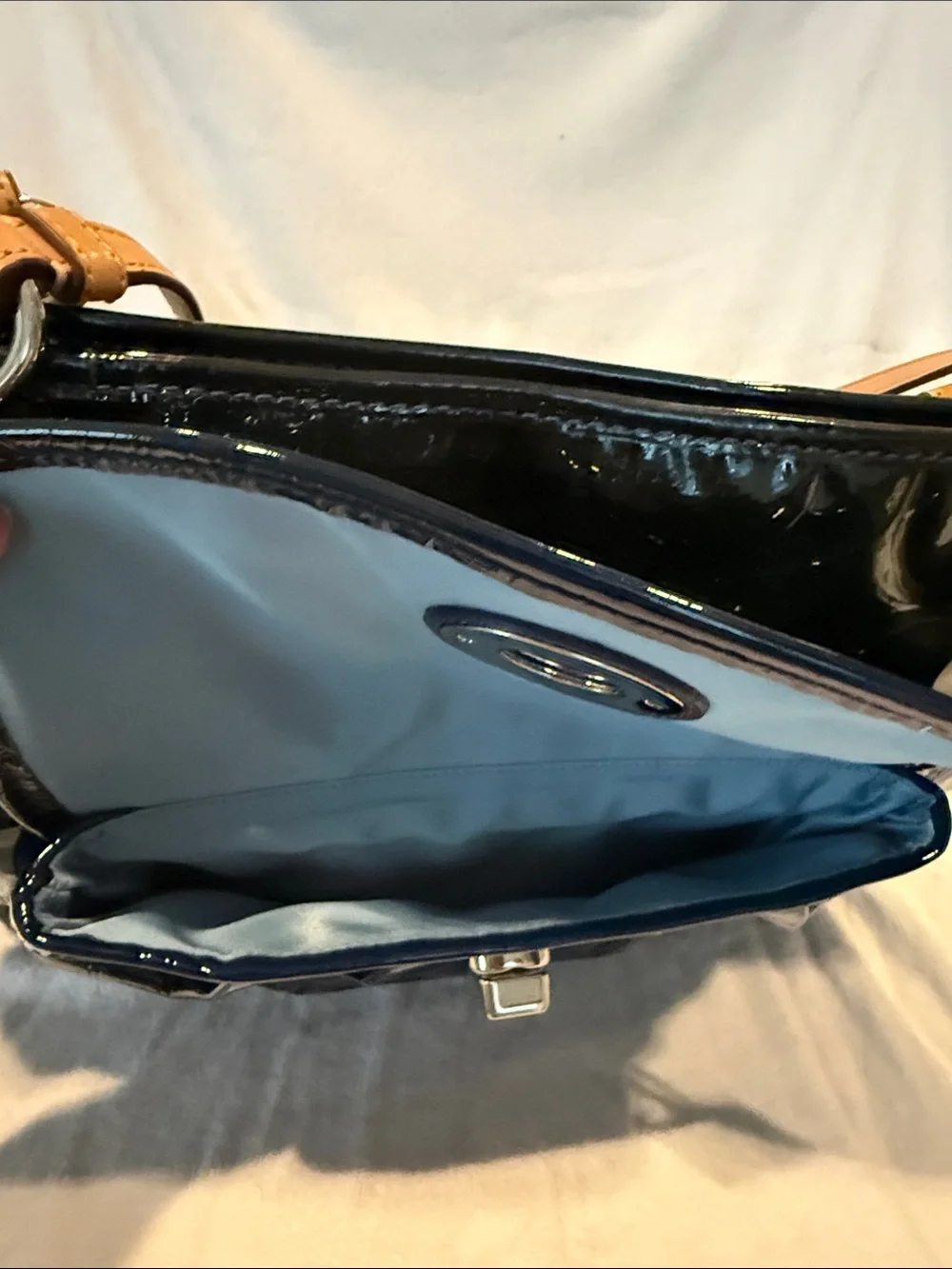 Coach Patent Leather Tote in Navy Blue with Tan Straps